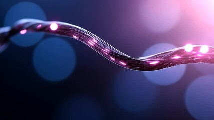 Wall Mural - macro shot of a shimmering cable with glowing pink accents against a blurred blue bokeh background. 