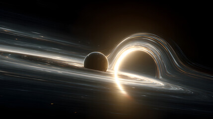 Wall Mural - A black hole with an accretion disk and a planet in the dark depths of outer space view