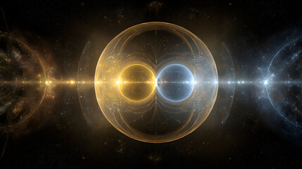 Wall Mural - abstract rendering of two merging spheres with golden and blue light in a dark space background
