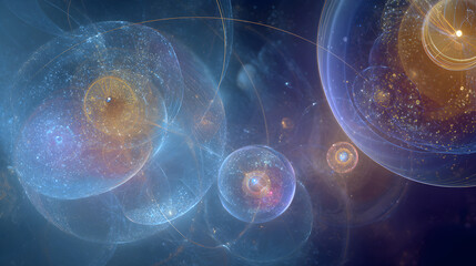 Wall Mural - abstract rendering of glowing spheres with blue and gold hues in a cosmic arrangement style