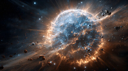 Wall Mural - A cosmic explosion with nebulous clouds and scattered asteroids in a dark space environment view