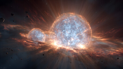 Wall Mural - Two bright celestial bodies surrounded by cosmic dust and light in deep outer space scene view