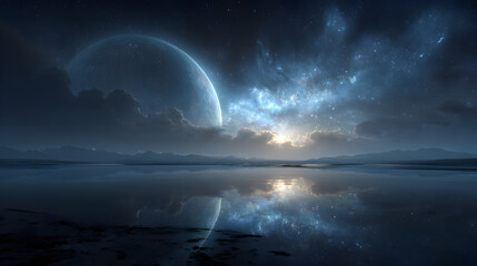 Wall Mural - A serene landscape featuring a large planet over water with clouds and a starry night sky above it all