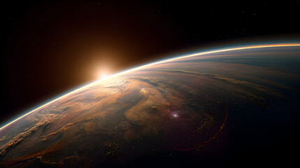 Wall Mural - A view of earth from space with the sun rising over the horizon creating a bright glow effect