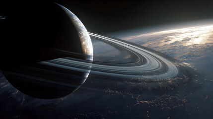Wall Mural - A planet with rings visible in space with another planet in the background and outer space view