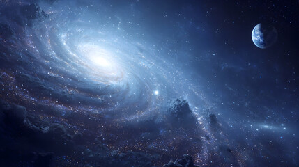 Wall Mural - A captivating view of a spiral galaxy with a bright core and a distant planet in the night sky
