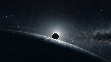 Wall Mural - A celestial eclipse viewed from a planet surface with stars and galaxy in the background light shining