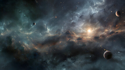 Wall Mural - A cosmic scene featuring planets amidst a nebula filled with stars and celestial clouds