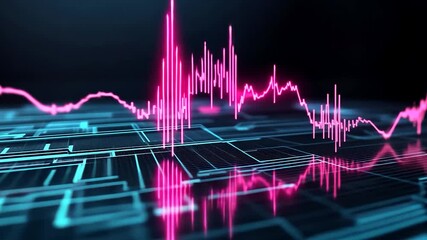 Wall Mural - abstract close-up showcases a bright pink heartbeat pulse tracing on a dark circuit board surface. r