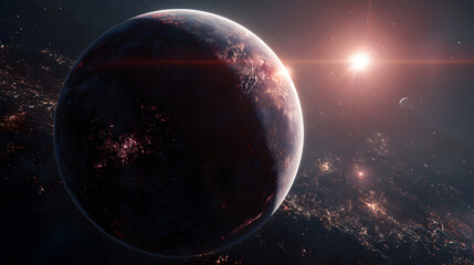 Wall Mural - A distant planet view with city lights and a bright star in a dark space environment scene