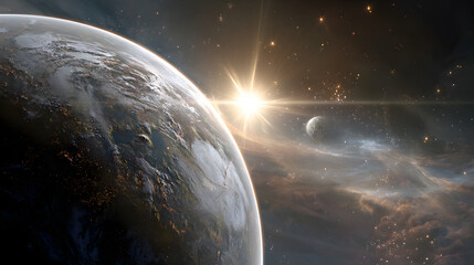Wall Mural - A view of a planet and moon in outer space with a bright star illuminating the cosmic scene