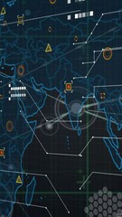 Wall Mural - animation of network of connections over grid network against world map on purple background