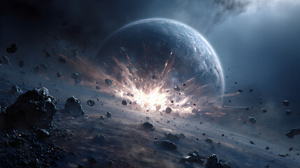 Wall Mural - A planet exploding in space with debris and a bright light emanating from the center of the explosion