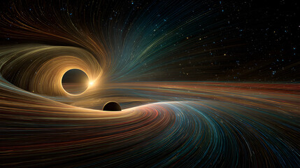 Wall Mural - A depiction of a black hole in space with swirling light and a distant planet in the foreground