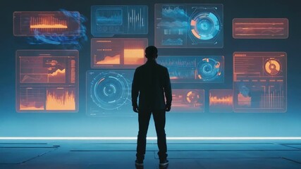 Wall Mural - Navigating the Data Universe: A silhouette of a figure stands before a futuristic display, his gaze fixed upon the complex data visualizations presented.