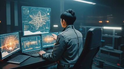 Wall Mural - Cyber Navigator: An individual focuses on navigating intricate data displays, immersed in a futuristic command center ambiance, where complex networks and technological prowess converge.