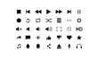 © Just click - Collection of black sound icons in a minimalist, flat design style  includes speaker, volume up/down, mute, equalizer, and audio wave symbols. Ideal for use in mobile apps, web interfaces, media play