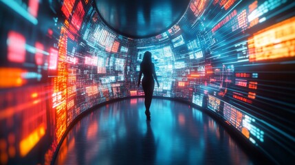 Wall Mural - an ethereal journey through a digital tunnel filled with vibrant colors. the lone figure symbolizes 