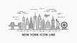 © Logoskrotos - Brooklyn Bridge vector line art with NYC skyline & famous landmarks for travel brochures, posters, websites, and citythemed designs.