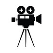© Sharif - Isolated on a white background, a retro black video camera with a lens and stand captures the essence of old cinema photography equipment movie camera icon silhouette vector illustration on white