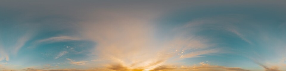 Wall Mural - 360 panorama of glowing sunset sky with bright pink Cumulus clouds. HDR 360 seamless spherical panorama. Full zenith or sky dome sky replacement for aerial drone panoramas. Climate and weather change.