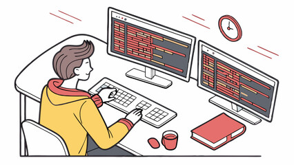 Focused Programmer Coding on Dual Monitors, Software Development and IT Workstation Illustration