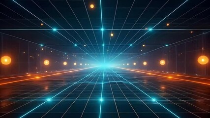 Futuristic Digital Grid Corridor with Neon Orange Spheres
