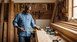 © SenpaiNoticeMe - Skilled carpenter measuring wood plank with tape measure