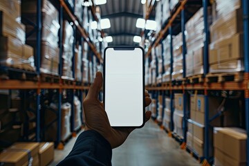 High Detail Picture of Business Owner Holding Phone Mock Up in Warehouse