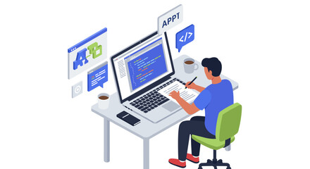 Developer working on code in modern office - vector illustration for tech design and print