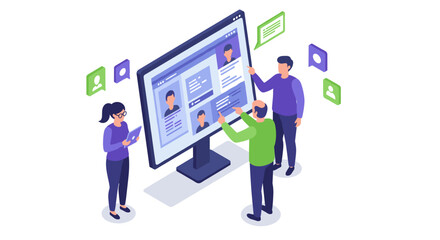 Wall Mural - isometric vector illustration of collaborative teamwork on social media profile design