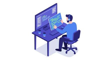 Programmer at work vector illustration - office environment for web design - modern isometric style