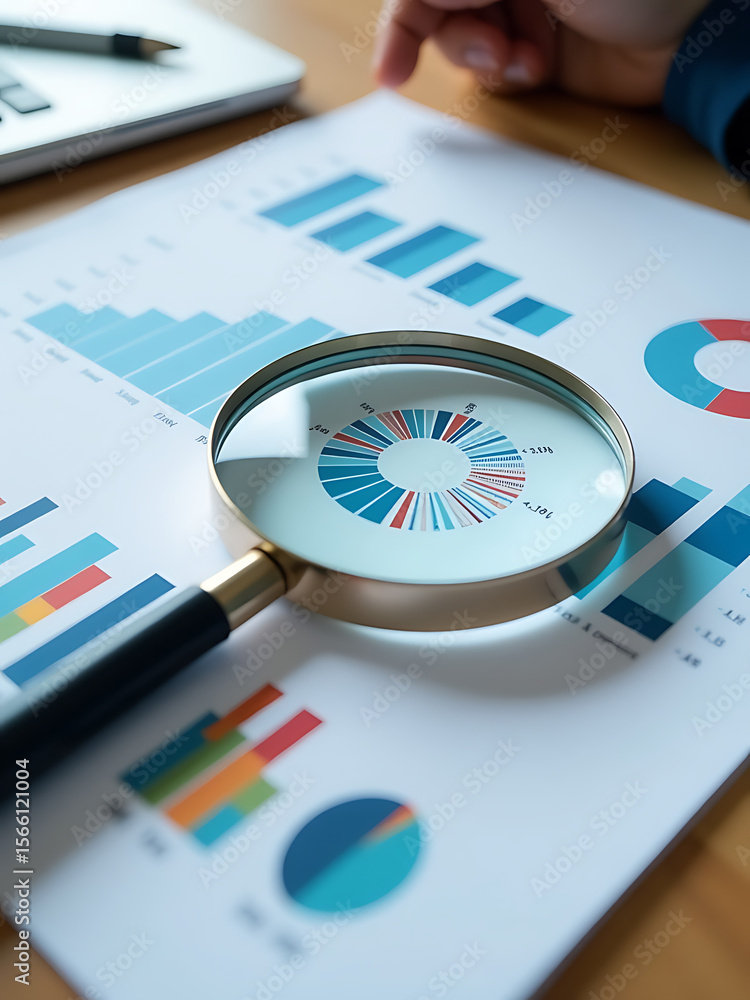 analyzing financial data graphs charts documents magnifying glass gain ...