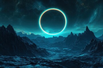 Wall Mural - cosmic landscape illuminated by a neon light circle in a futuristic terrain, cosmic landscape with n
