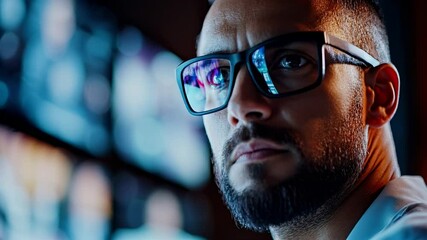 Intense gaze: a man with glasses reflects the glow of digital screens, deep in thought.