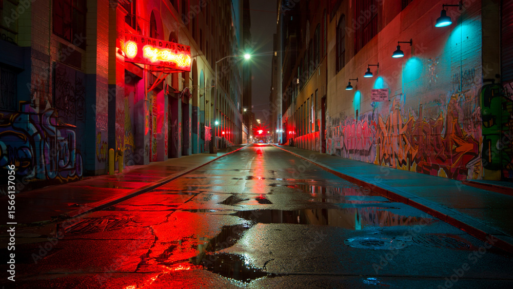 Moody urban alleyway at night, graffiti, red and blue neon lights, wet ...
