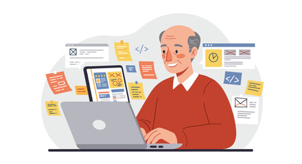 Elderly man engages with technology for web design learning in flat vector illustration