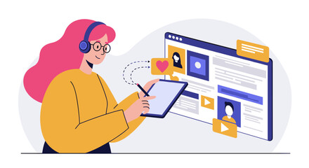 Wall Mural - social media engagement concept with modern design elements and technology in flat vector illustrati