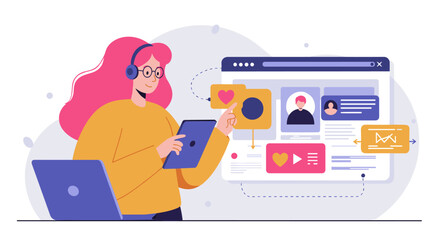 Wall Mural - digital interaction vector illustration: young woman engaging with online profile and social media f