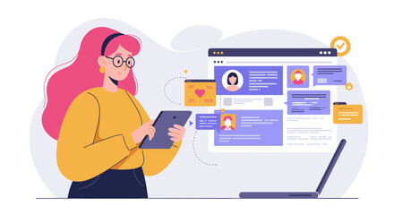 Wall Mural - online communication and user profile management vector illustration in modern flat style for web de