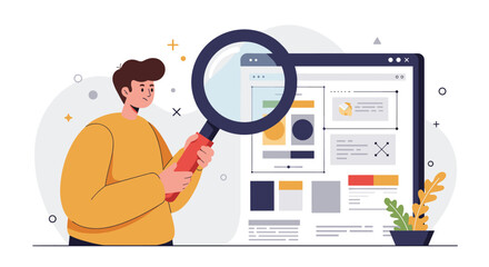 Wall Mural - website design exploration vector illustration with magnifying glass and user interface elements