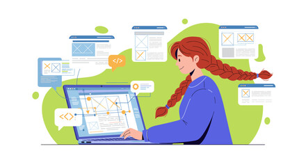 Web development concept with woman at laptop creating website design - vector illustration for learning and programming