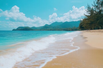 Wall Mural - Relaxing on a perfect sandy beach with gentle sea waves under a clear sky, Perfect sand beach relaxation nature Sea wave wash on tropical coast