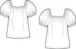 © Sagor Creatives - Puff sleeve blouse sketch, square neckline top, fashion flat vector, women’s top technical drawing, short sleeve shirt outline design
