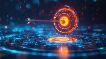 Wall Mural - futuristic digital target and arrow glowing in blue and orange light, symbolizing precision, success