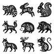 © OlgaKlyushina - Abstract rustic folk shapes with animals. Ethnic folk stickers in scandinavian. Boho animals silhouettes and floral patterns, doodle Scandinavian folk textile.
