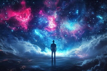 Wall Mural - man stands in awe before a vibrant galaxy full of swirling colors and cosmic wonders, man stand on s