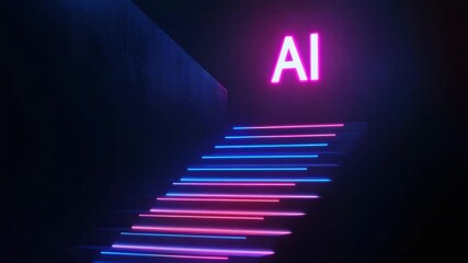 Wall Mural - neon light stairs glowing with blue and pink lines leading to bright ai text in dark futuristic digi