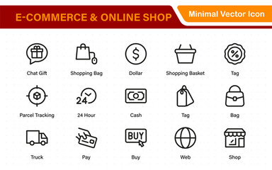 Wall Mural - E-Commerce set of web icons in line style. Online shopping icons for web and mobile app. Business, mobile shop, digital marketing, bank card, gifts, sale, delivery. Vector illustration