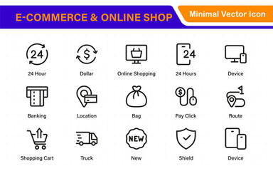 Wall Mural - E-Commerce set of web icons in line style. Online shopping icons for web and mobile app. Business, mobile shop, digital marketing, bank card, gifts, sale, delivery. Vector illustration